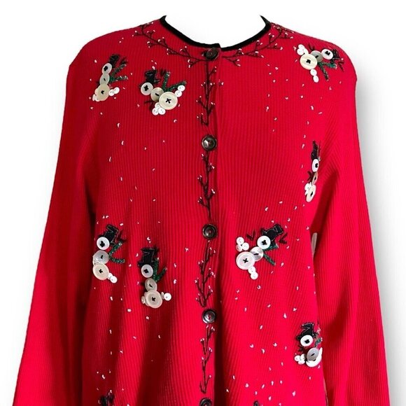 Y2k Vintage Susan Bristol Womens Christmas Cardigan Sz PM Red Button Snowmen - Picture 2 of 10
